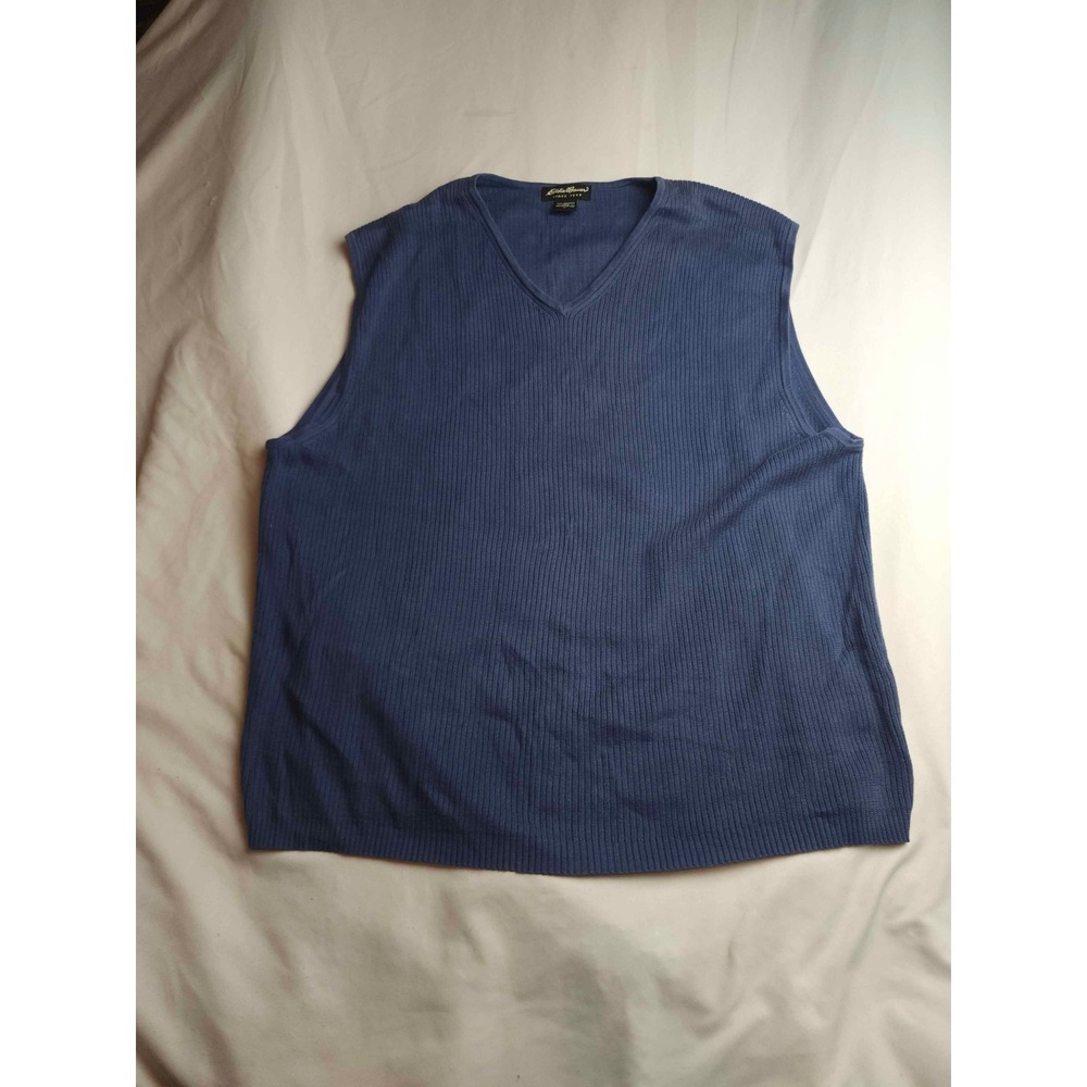 Eddie Bauer Mens Blue V-Neck Ribbed Knit Mercerized Cotton Sweater Vest Large